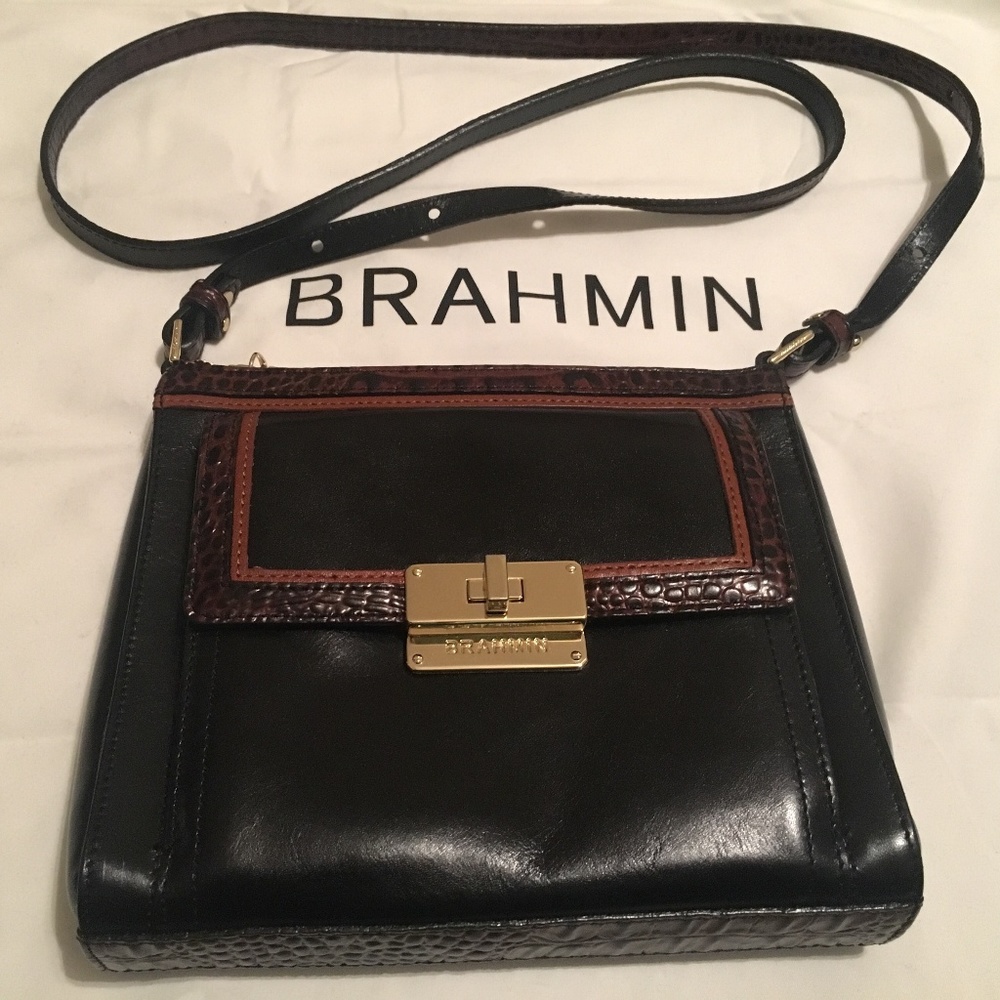 Small Black Brahmin Crossbody with Brown Trim